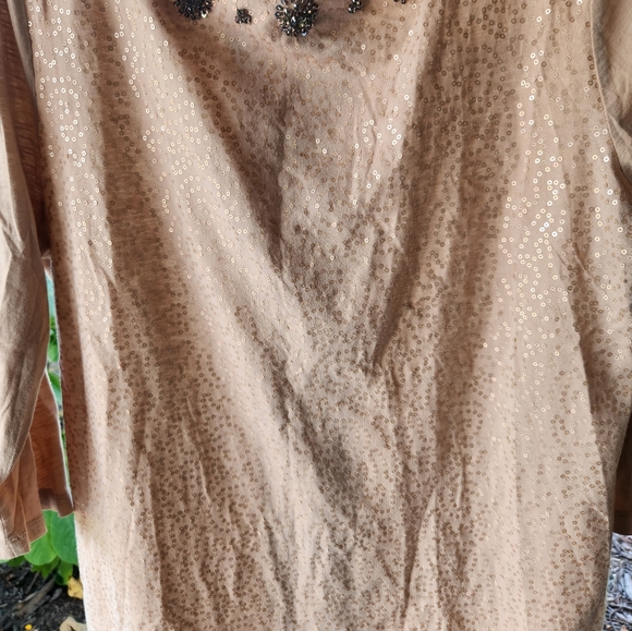 2 LOFT XL tan with sequence on the front with clusters of sequence at neckline - Picture 3 of 5